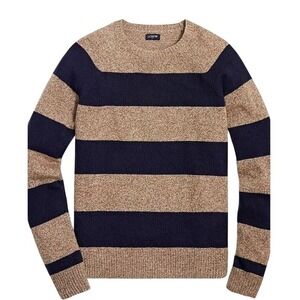 J.Crew Mens Striped Lambswool Navy Blue Tan Sweater Size L Preppy Grandpacore